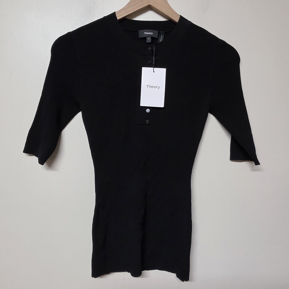 Theory SS Button Top Womens P Black Sweater Crepe Knit Ribbed Henley NWT $265